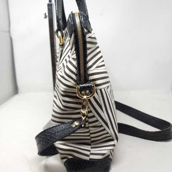 Henri Bendel Laptop Bag Disturbed Stripe Brown Black Canvas Leather Briefcase - Picture 3 of 16